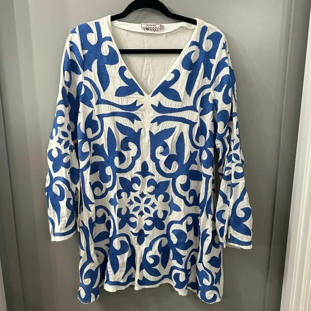 PIA PAURO Anthropologie Dress Blue and White Embroidered Dress Size Small